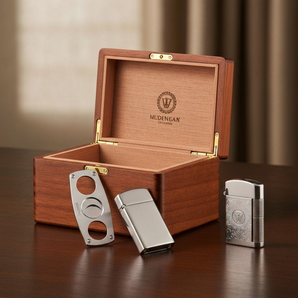Luxury cigar accessories including humidor, cutter, and lighter