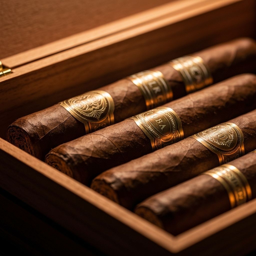 Premium Cuban cigars in elegant wooden humidor